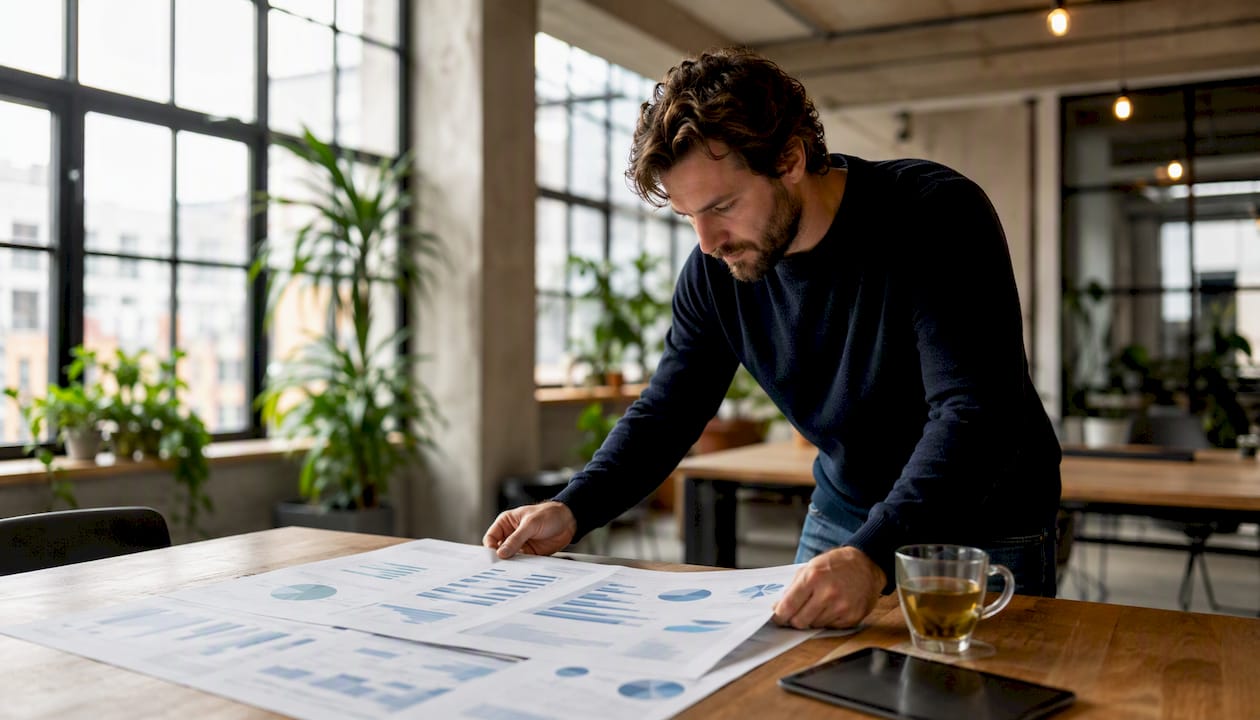 Hands adjusting printed marketing data charts