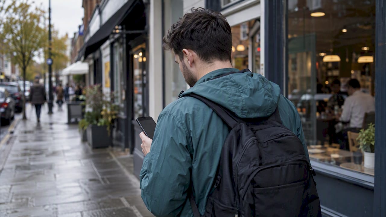 Diner checking local restaurants on phone